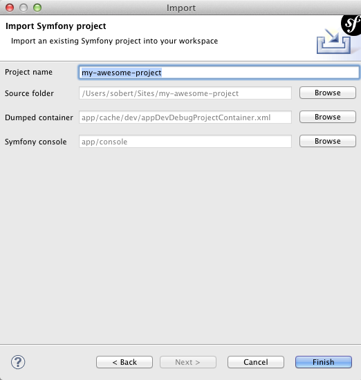 Import Symfony eclipse wizard first page
